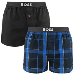 Hugo Boss BOSS 2-pack Wijde Boxershorts Print Blocks Blauw & Zwart